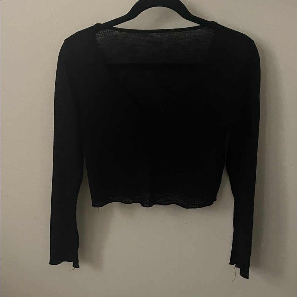 Black V-Neck Long Sleeve waffle crop Top